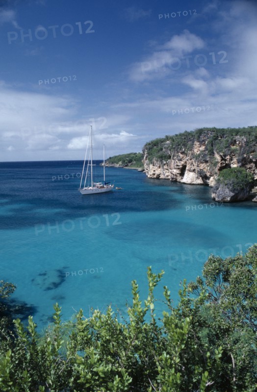 ANGUILLA, Landscape, A yacht sailing on turquoise sea near vegetation covered cliffs