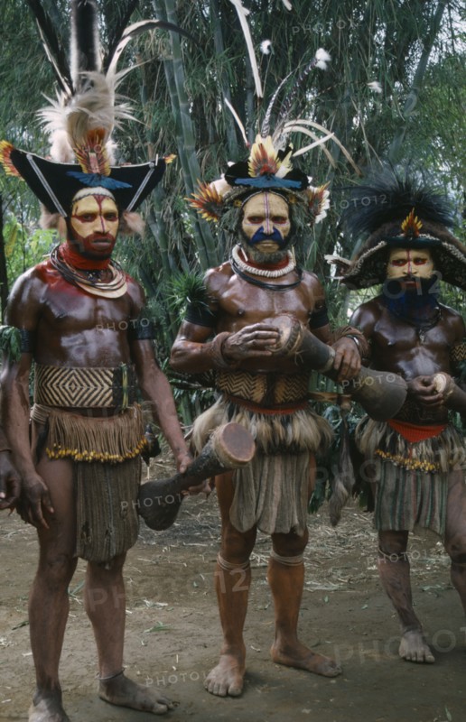 PACIFIC ISLANDS, Melanesia, Papua New Guinea, Southern Highlands.Tari. Huli Tribemen in traditional costumes with face paint and elaborate feather headdresses for Sing sing Festival.