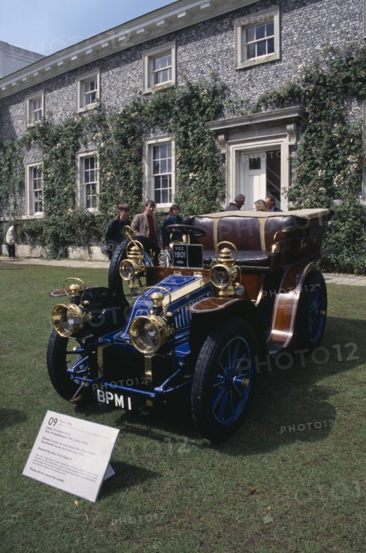 ENGLAND, West Sussex, Goodwood, Festival of Speed. Style et Luxe display  with French car on dispaly on grass built in 1901 Mors with ten horse power and has four gears in forward and four in reverse