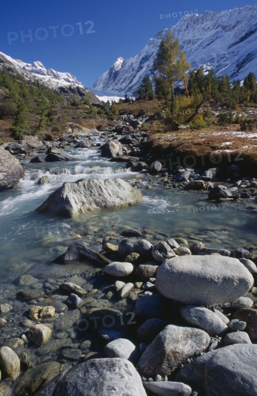 SWITZERLAND, Wallis, Lotschental, "The young Lonza river gorge, looking east towards the head of the Lotschen valley."