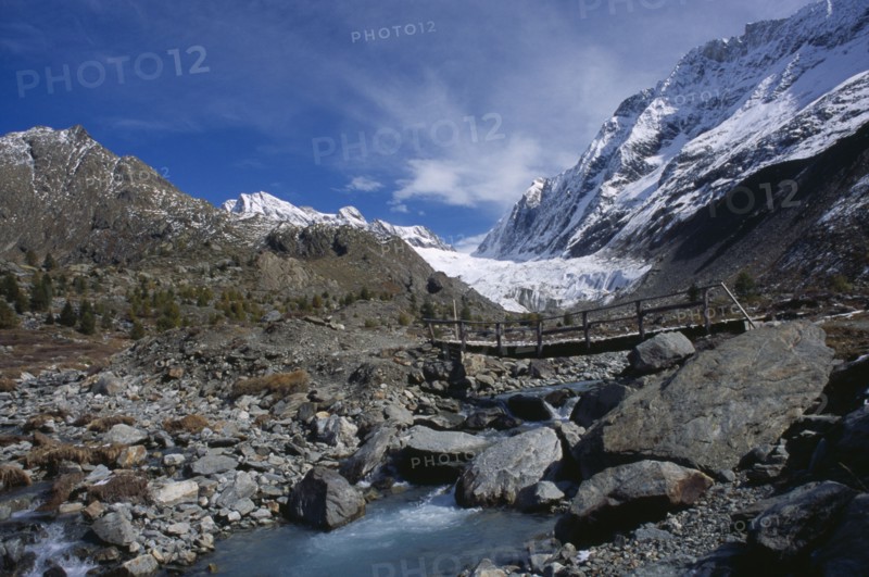 SWITZERLAND, Wallis, Lotschental, "An old foot bridge over the Lonza river, near the head of the valley."