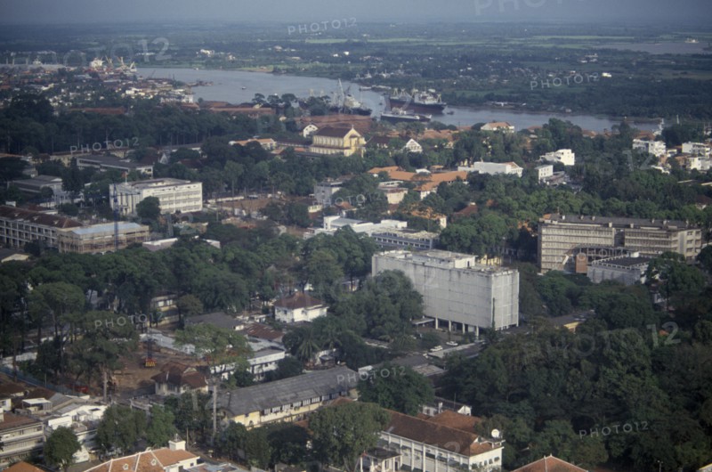 VIETNAM, South, Ho Ch Minh City, Elevated view over city architecture and the large white United States Embassy building