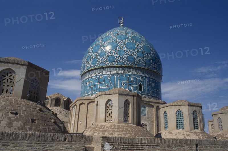 IRAN, Kerman Province, Mahan, Safavid Cupola Tomb of Sufi Dervish Shah Nemattellah Vali. Turquiose and white tiled domed roof
