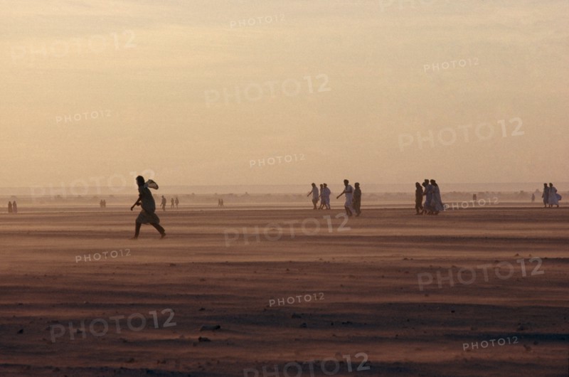 WESTERN SAHARA, SADR, People moving across desert landscape.