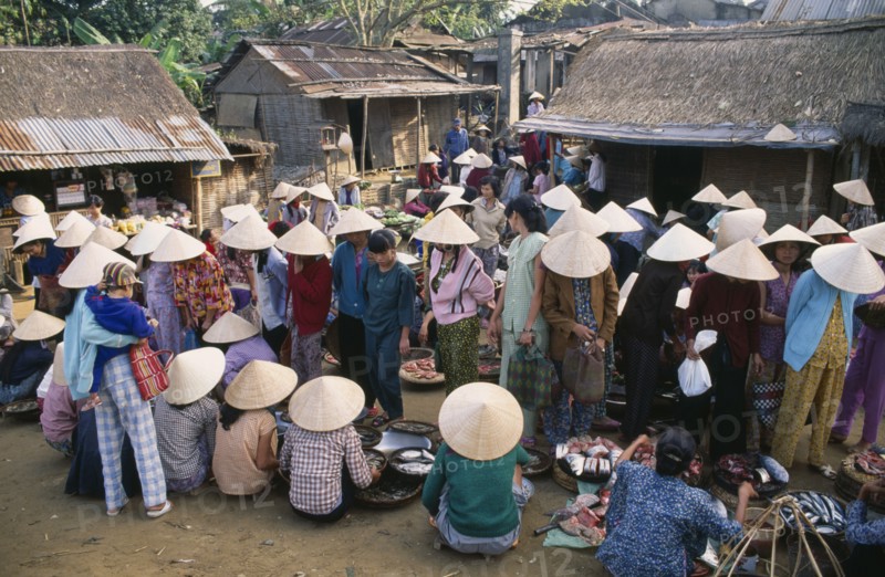 VIETNAM, Central, Hue, Village market near Mings Tomb with women wearing conical hats gathered around stalls selling fish and other food stuffs