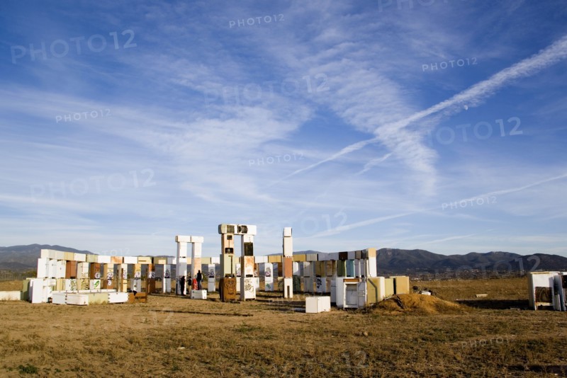 USA, New Mexico, Santa Fe, Stonefridge a life sized replica of Stonehenge made out of recycled fridges by local artist and filmmaker Adam Horowitz