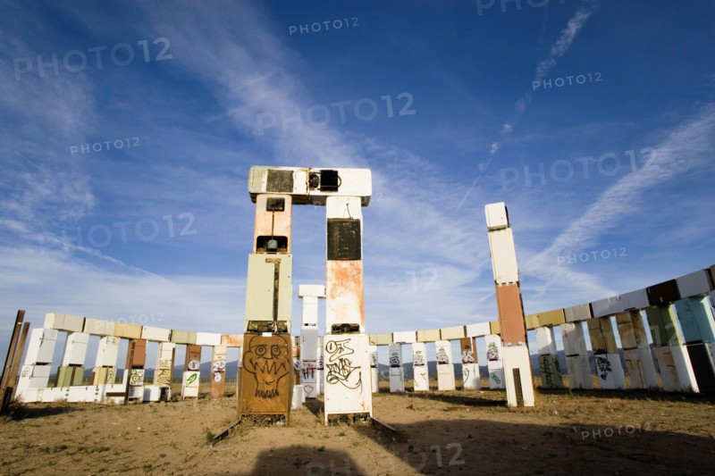 USA, New Mexico, Santa Fe, Stonefridge a life sized replica of Stonehenge made out of recycled fridges by local artist and filmmaker Adam Horowitz