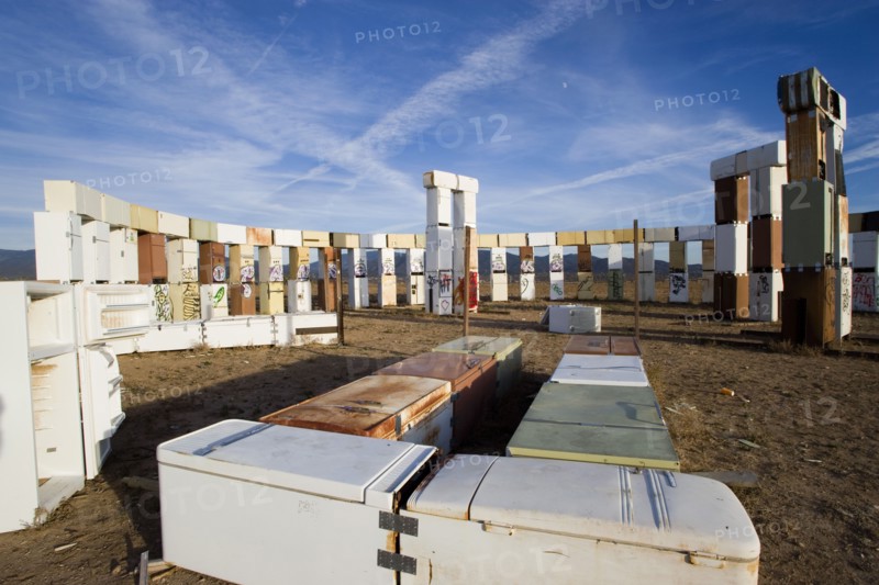USA, New Mexico, Santa Fe, Stonefridge a life sized replica of Stonehenge made out of recycled fridges by local artist and filmmaker Adam Horowitz