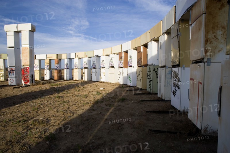 USA, New Mexico, Santa Fe, Stonefridge a life sized replica of Stonehenge made out of recycled fridges by local artist and filmmaker Adam Horowitz