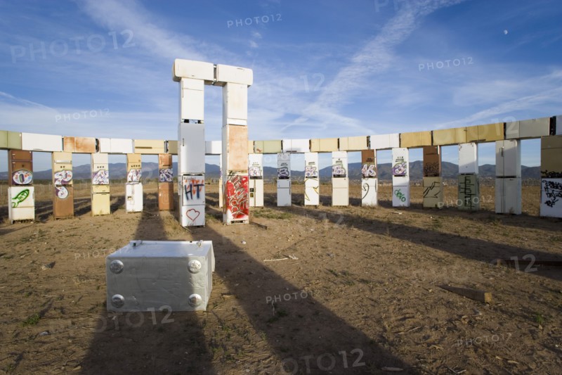 USA, New Mexico, Santa Fe, Stonefridge a life sized replica of Stonehenge made out of recycled fridges by local artist and filmmaker Adam Horowitz