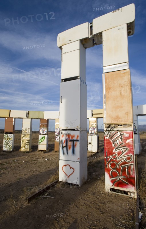 USA, New Mexico, Santa Fe, Stonefridge a life sized replica of Stonehenge made out of recycled fridges by local artist and filmmaker Adam Horowitz