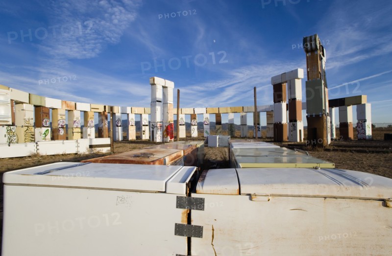 USA, New Mexico, Santa Fe, Stonefridge a life sized replica of Stonehenge made out of recycled fridges by local artist and filmmaker Adam Horowitz