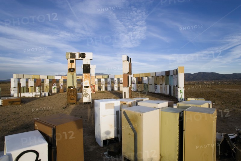 USA, New Mexico, Santa Fe, Stonefridge a life sized replica of Stonehenge made out of recycled fridges by local artist and filmmaker Adam Horowitz