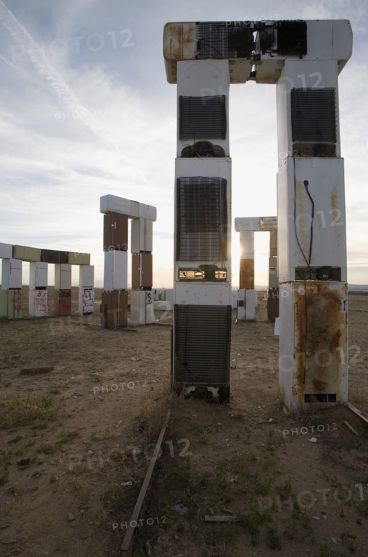 USA, New Mexico, Santa Fe, Stonefridge a life sized replica of Stonehenge made out of recycled fridges by local artist and filmmaker Adam Horowitz
