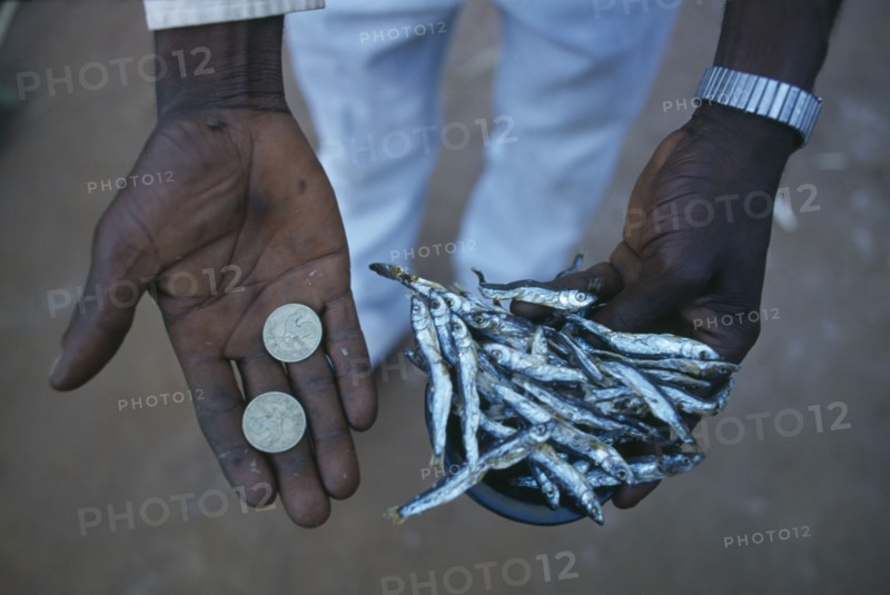 MALAWI, Mulanje, Micro-credit loan.  Cropped shot of Peter Makfero Hamilton who travels to Lake Malawi to buy fish to resell in business started using money lent by his village credit union.