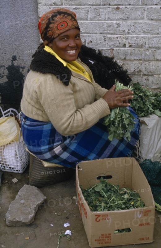 LESOTHO, Maseru, Woman at Maseru market selling greens from cardboard box