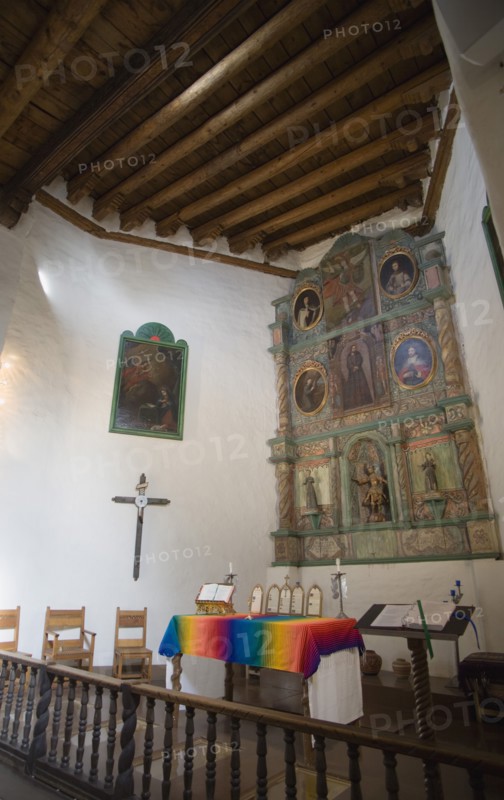 USA, New Mexico, Santa Fe, The altar of the San Miguel Mission church