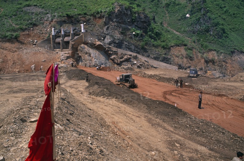 NORTH KOREA, N. Hwanghae Prov., Linsan County, Reconstruction of dam damaged by 1995 floods.