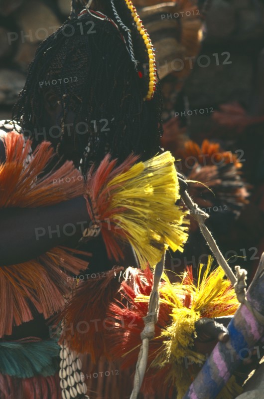 MALI, Ceremony, Dogon dancer wearing costume of red and yellow fringed fibre with bead and cowrie shell ornamentation.