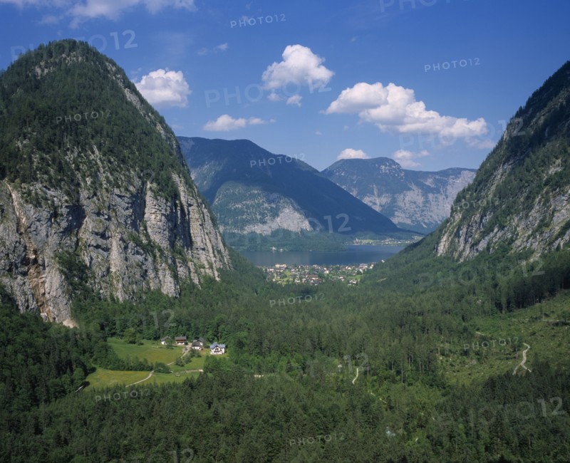 AUSTRIA, Salzburg, Dachstein, "Waldbach Valley covered in trees, Village of Lahn by lake of Hallstattsee."