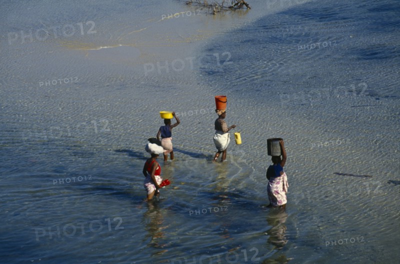 MOZAMBIQUE, Pemba, Elevated view over women wading in the sea carrying bowls and buckets on their heads.