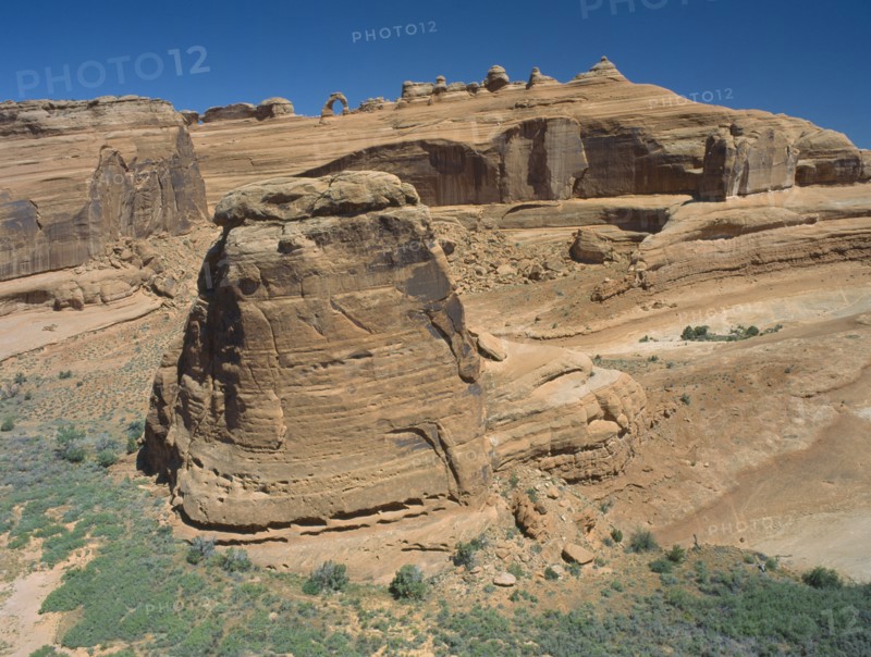 USA, Utah, Arches National Park, The Windows. A distant view of Delicate Arch