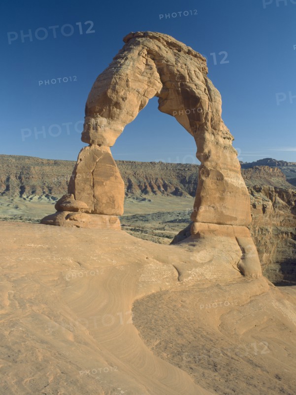 USA, Utah, Arches National Park, The Windows. A wide angled view of Delicate Arch looking towards the south
