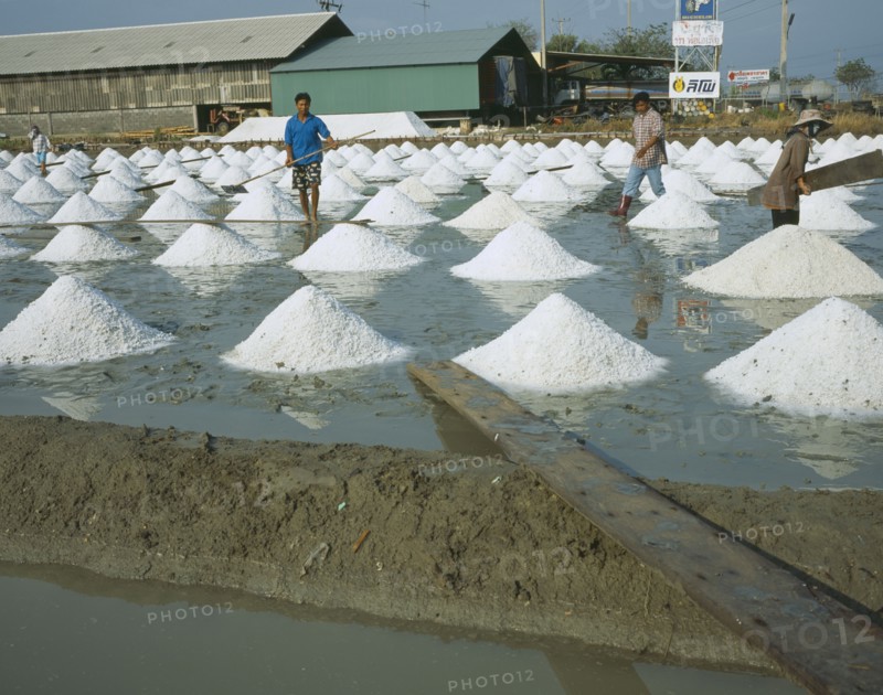 THAILAND , Ratchaburi Province, Three people working at Salt pans outside Bangkok on the road to Ratchaburi