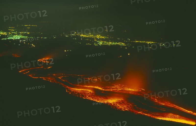 ITALY, Sicily, Mount Etna, Lava flow from the Monti Calcarazzi fissure on the southern flank of Mount Etna threatening the town of Nicolosi in 2001.
