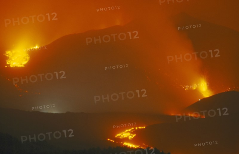 ITALY, Sicily, Mount Etna, Lava flow from the Monti Calcarazzi fissure on the southern flank of Mount Etna and the Piano del Lago cone which destroyed the sapienza cable car in 2001.