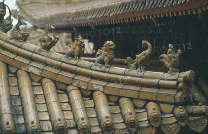 TAIWAN, Sun Moon Lake, Detail of carved roof of Wen Wu Temple
