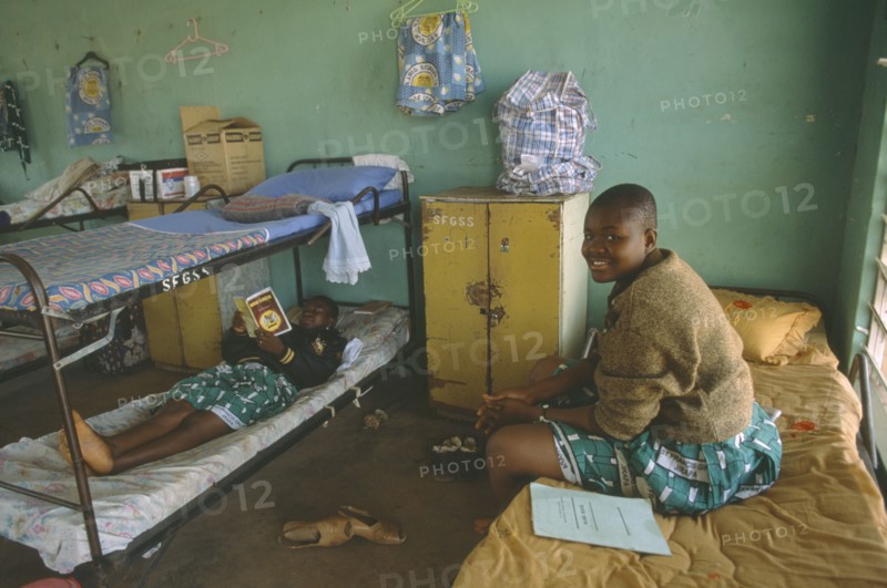 GHANA, North, Children, Girls in dormitory of boarding school.