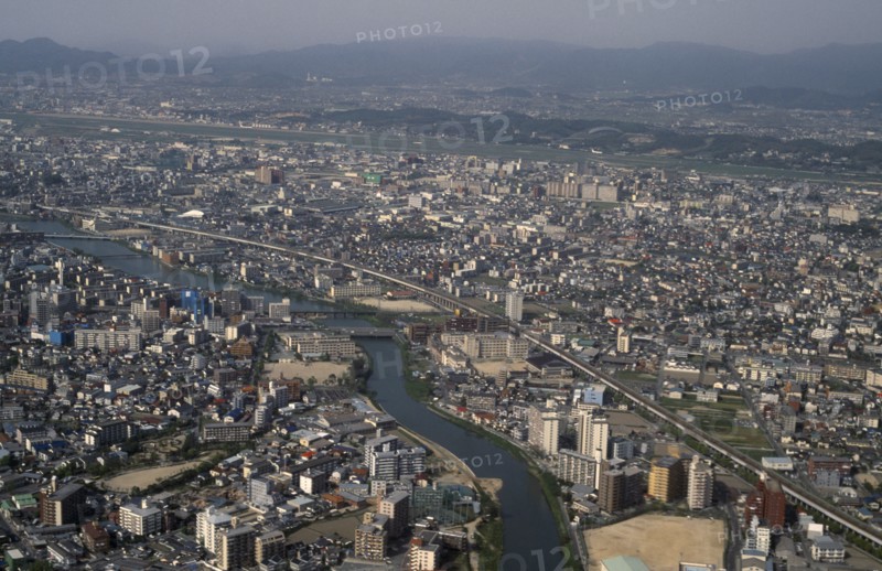 JAPAN, Kyushu, Fukuoka, Aerial view over largest city on the most southernmost of Japans four major islands.