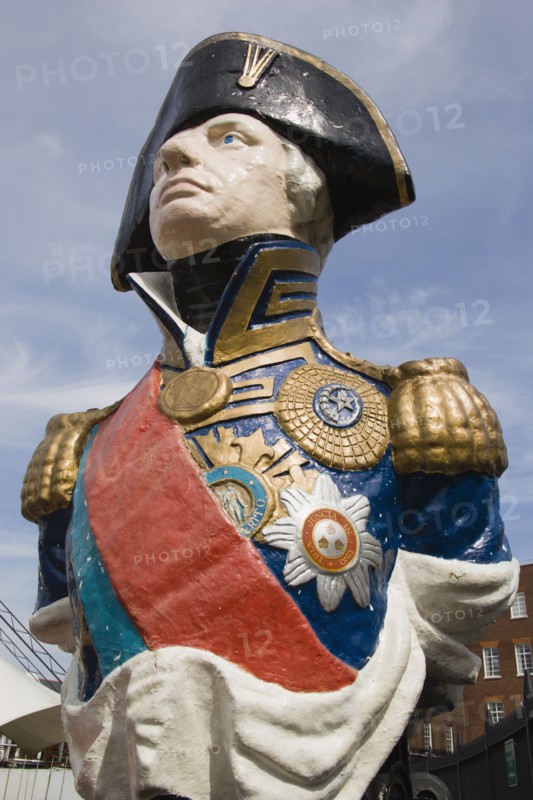 ENGLAND, Hampshire, Portsmouth, Ships figurehead of Admiral Lord Nelson in the Historic Naval Dockyard.
