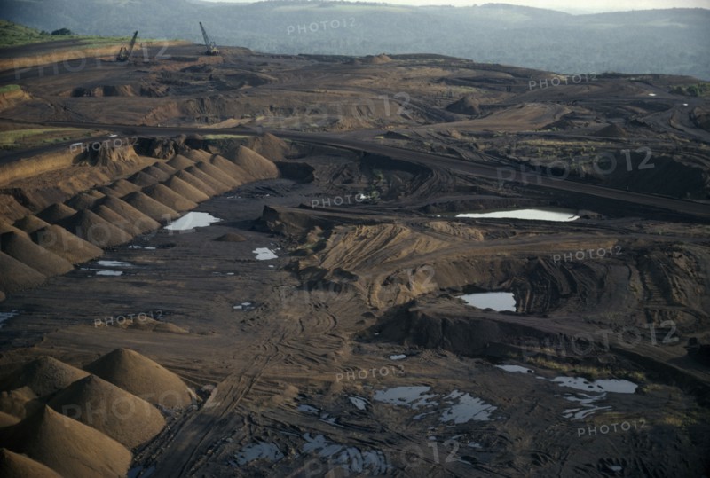 GABON, Moanda, Aerial view over manganese mine and devastated landscape.