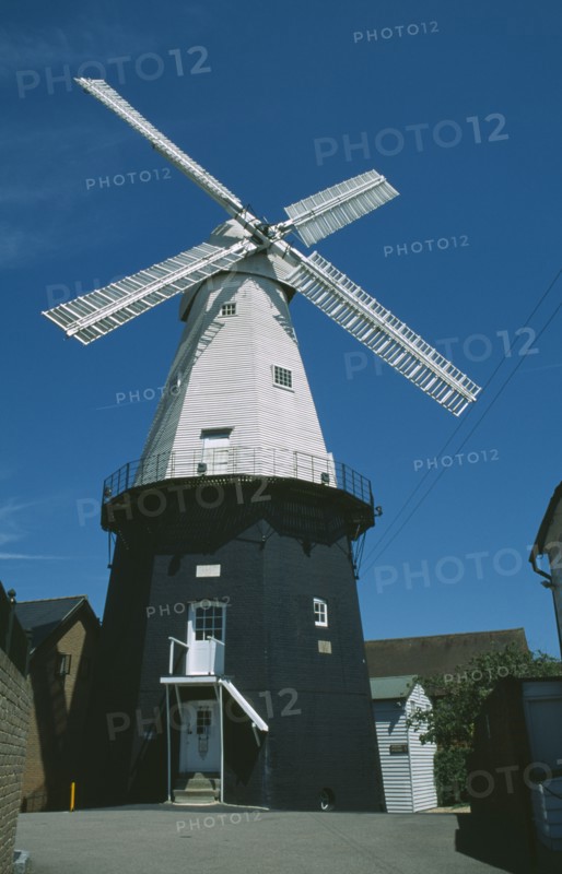 ENGLAND, Kent, Cranbrook, Windmill museum. Union Mill is a white weatherboarded smock mill. It is the tallest mill in Kent at 70 ft