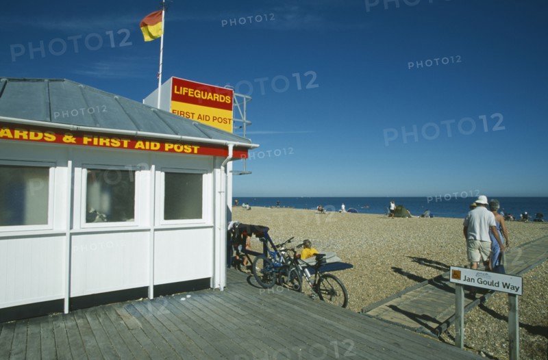 ENGLAND, East Sussex, Eastbourne, Lifeguard First Aid Station on beachfront.