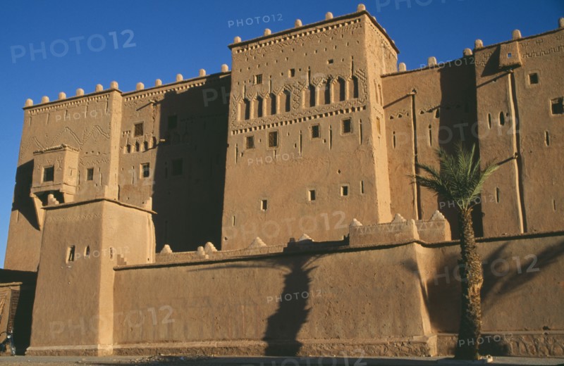 MOROCCO, Ouarzazate, Kasbah Taorirt .  Nineteenth century kasbah of the el-Glaoui dynasty.  Exterior view with shadow from palm tree in foreground.