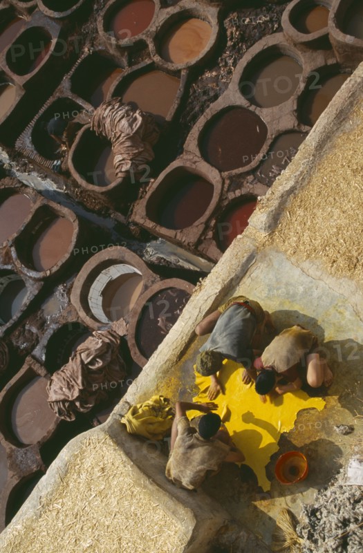 MOROCCO, Fes, Chouwara Tanneries.  Men working at the tanner’s pits with coloured dyes.