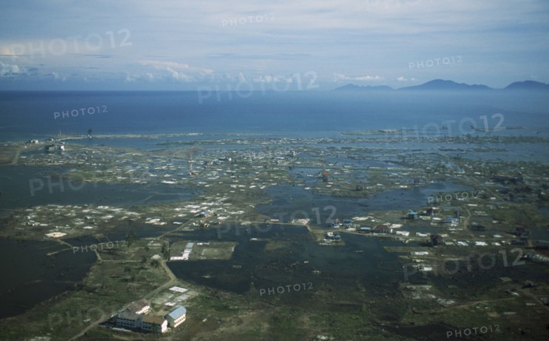 INDONESIA, Tsunami, Aceh Province, "Aerial shot looking down on flooded Banda Aceh, 5 months after December 2004."