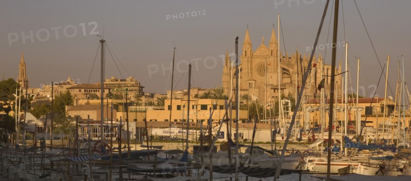 SPAIN, Balearic Islands, Mallorca, "Palma de Mallorca, Panoramic view of The Cathedral across the port."