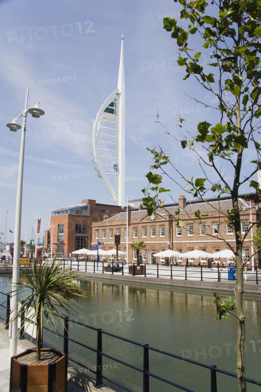 ENGLAND, Hampshire, Portsmouth, The Spinnaker Tower the tallest public viewing platforn in the UK at 170 metres on Gunwharf Quay with the old Customs House in the foreground