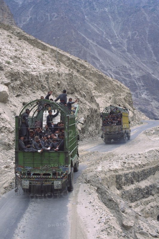 PAKISTAN, North West Frontier Province, Kashmir, Convoy of Pakistan soldiers en route from the border.