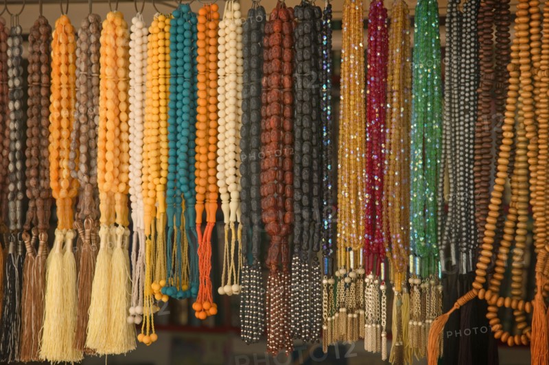 UAE, Abu Dhabi, "Colourful tasbeeh, prayer beads, for sale in the Central Market. "