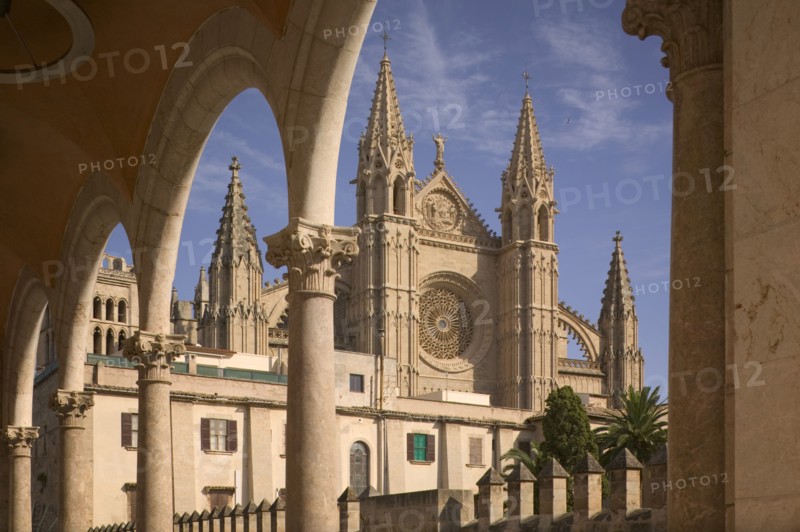 SPAIN, Balearic Islands, Mallorca, "Palma de Mallorca, View of the Cathedral from under a row of arches."