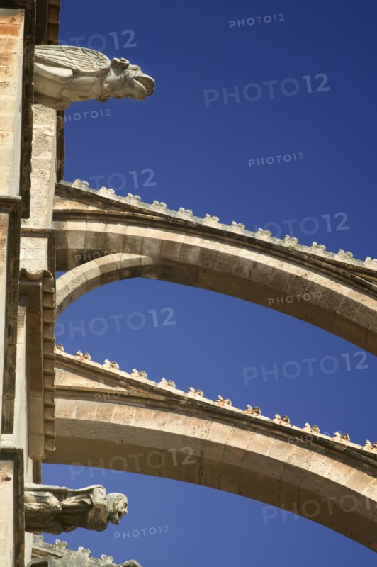 SPAIN, Balearic Islands, Mallorca, "Palma de Mallorca,  Detail of The Cathedral including gargoyles. "