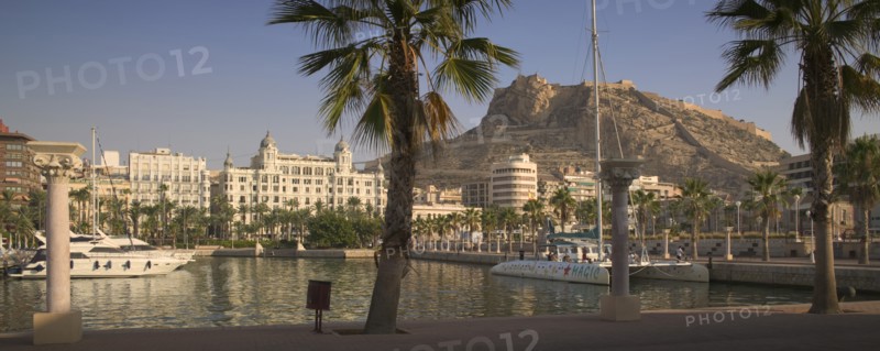 SPAIN, The Costa Blanca , Alicante, Panoramic view of Castillo de Santa Barbera from the port with palm trees in the foreground.