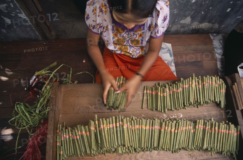 MYANMAR, Bago, Looking down on female worker in cheroot factory workplace.
