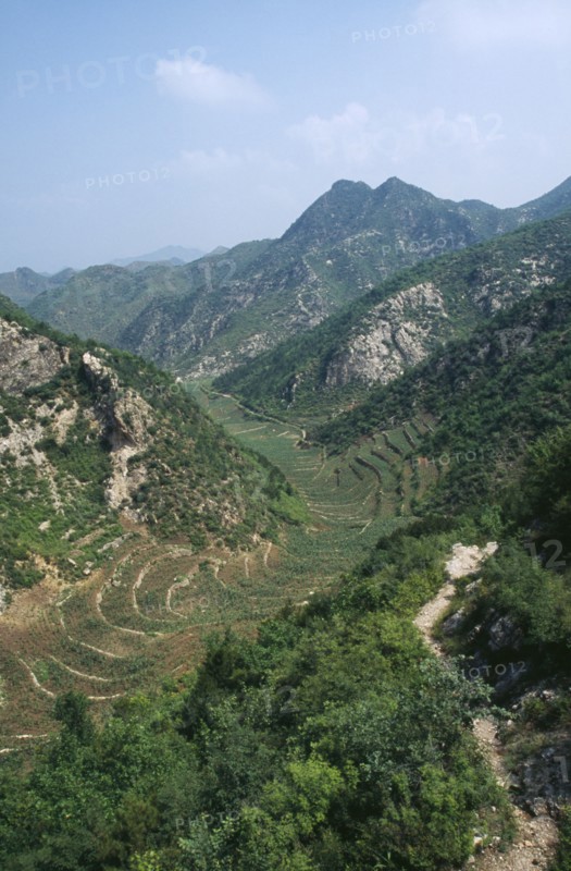 CHINA, Hebei, Beijing, Valley with agricultural terracing.