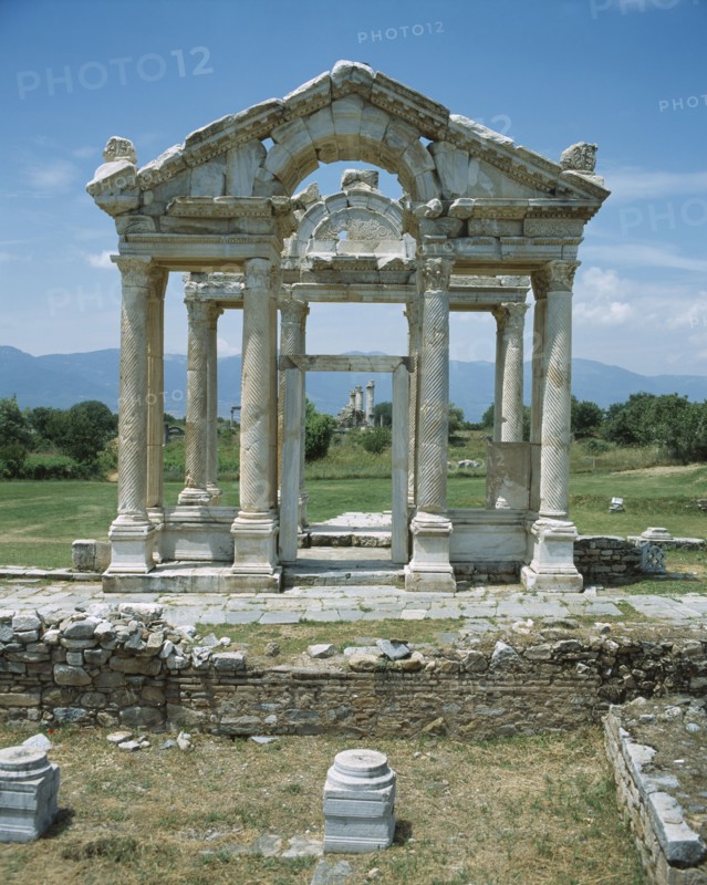 TURKEY, Denizli, Ancient City of Aphrodisias. Front on view of Temple of Aphrodisias. Ruins of columns and roof.